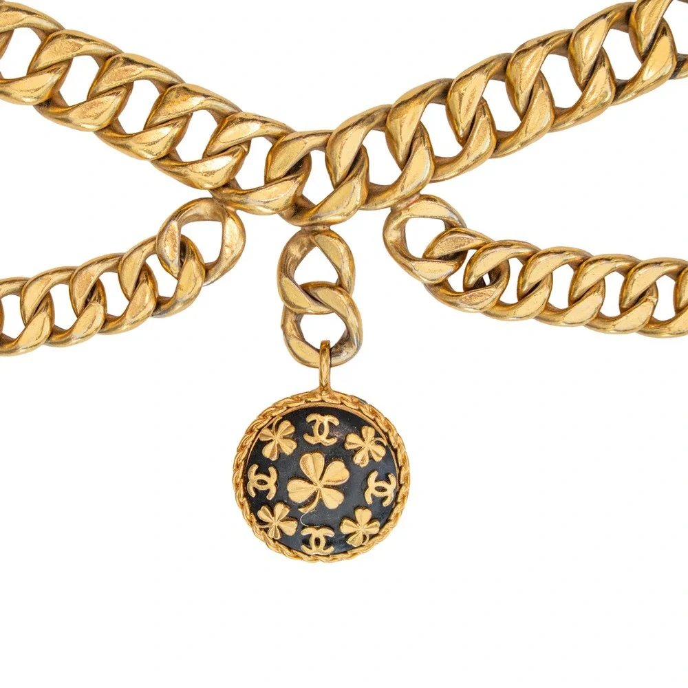 RARE Vintage Chanel Gold Tone Chain Belt CC Clover Medallion Adjustable 37